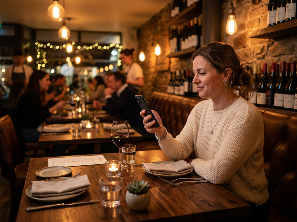 Guest at a restaurant table sharing feedback on a phone